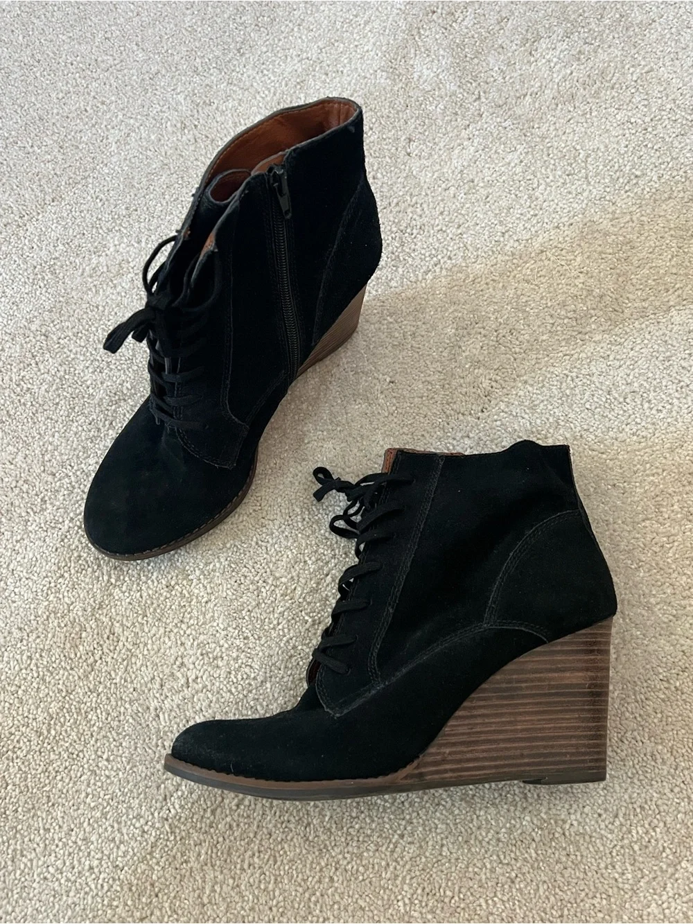 Lucky Brand Black Suede Lace-Up Wedge Ankle Boots